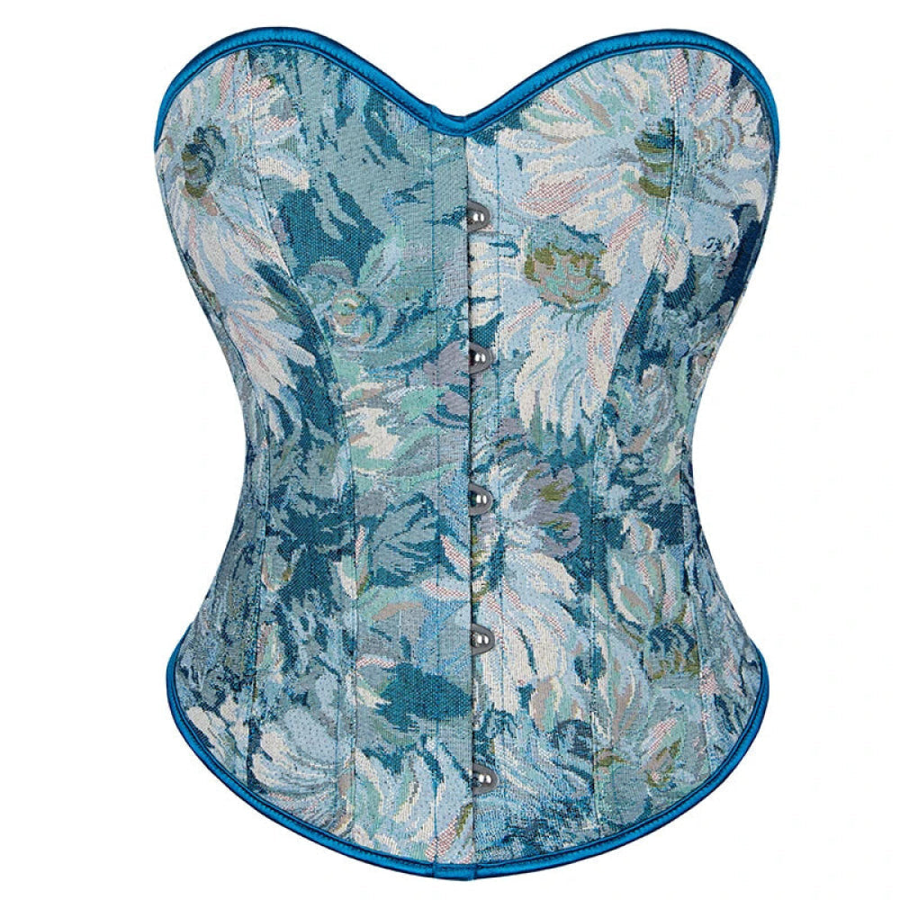 V562-OBBPBBLIAATXLPXK-9-202508291841-00 Floral Print Renaissance Corset 12 Plastic Bones Front 5 Busk Closure Plus Size - Blue 502 - L - Image 1