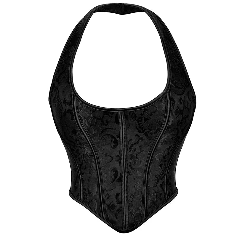 Black Brocade Lace-Up Halter Corset Plus Size Vintage Gothic Corselet - Xxxl