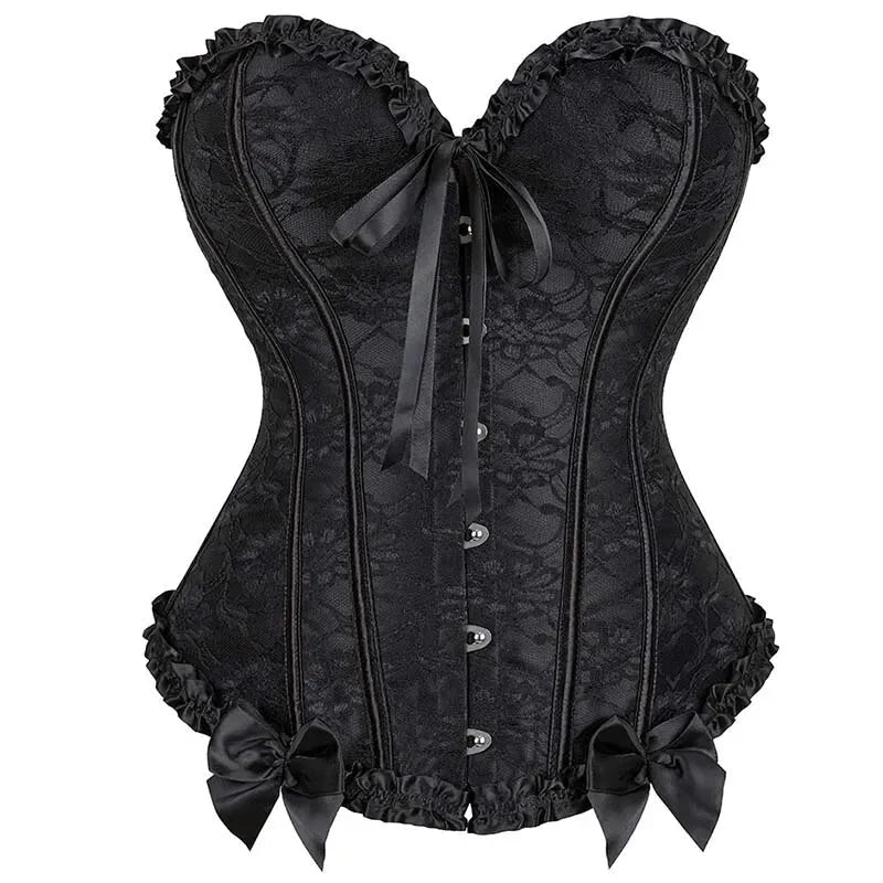 V562-OBBPBBNAKXLLKBPK-5-202508291645-00 Vintage Lace Overlay Corset With Bowknot Detail Lace Up Bone Pleated Mesh Women - 4Xl - Image 1