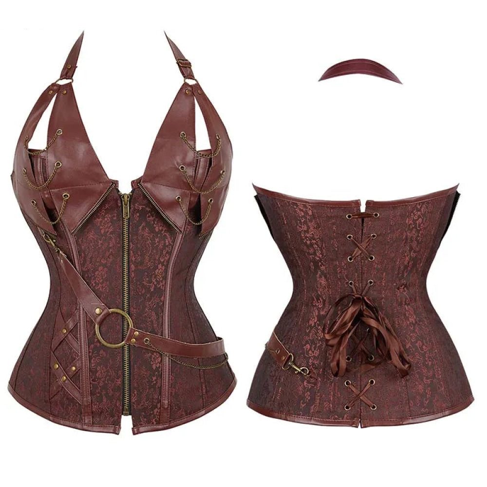 V562-OBBPBBNIPPBOAAAN-4-202508291810-00 Deep V Halter Chest Binder Bustier Black Brown Steampunk Gothic Corset Plus Size With Zip - Brown - M - Image 1