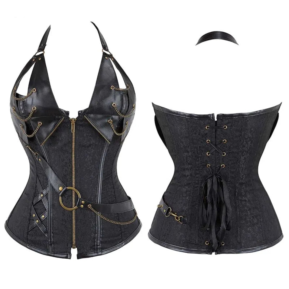 V562-OBBPBBNIPPBOAAAN-5-202508291810-00 Deep V Halter Chest Binder Bustier Black Brown Steampunk Gothic Corset Plus Size With Zip - Black - 5Xl - Image 1