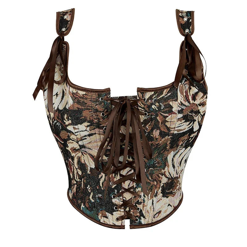 V562-OBBPBBNLKPATNOOP-4-202508292035-00 Brown Steampunk Corset Bustier Shoulder Strap Sleeveless Tank Top With Lace-Up Boning - Xxl - Image 1