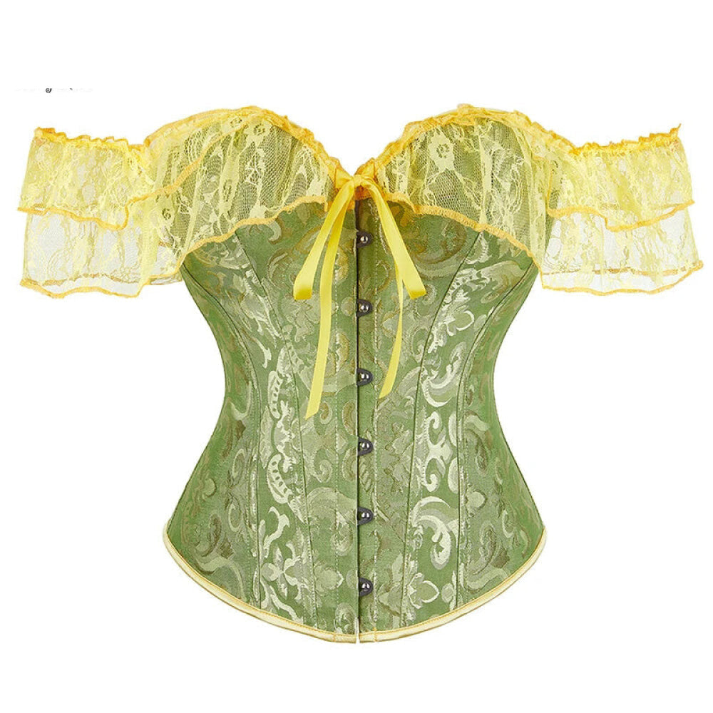 V562-OBBPBBNLONPPPTON-15-202508291940-00 Brown Steampunk Corset With Front Busk Closure Floral Lace And Puff Sleeves - Green - M - Image 1