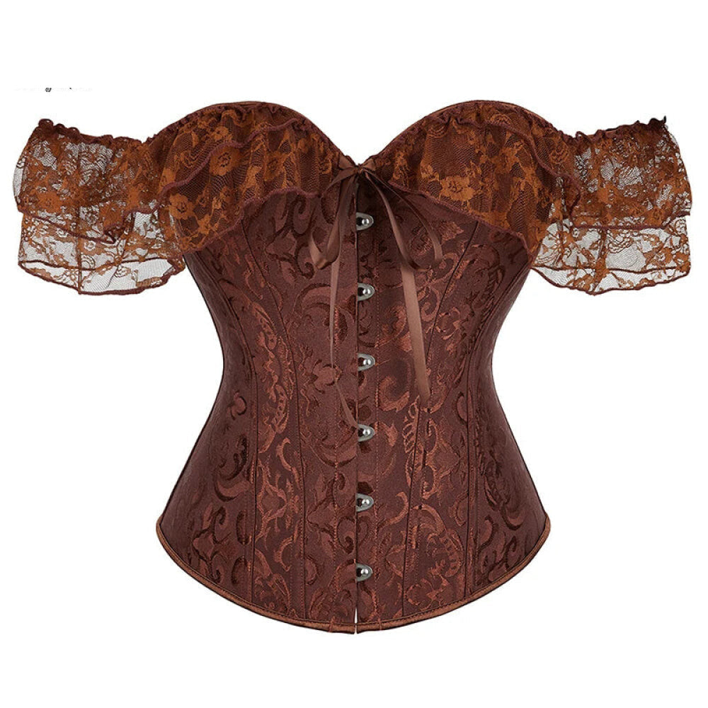 V562-OBBPBBNLONPPPTON-21-202508291945-00 Brown Steampunk Corset With Front Busk Closure Floral Lace And Puff Sleeves - Brown - Xxxl - Image 1