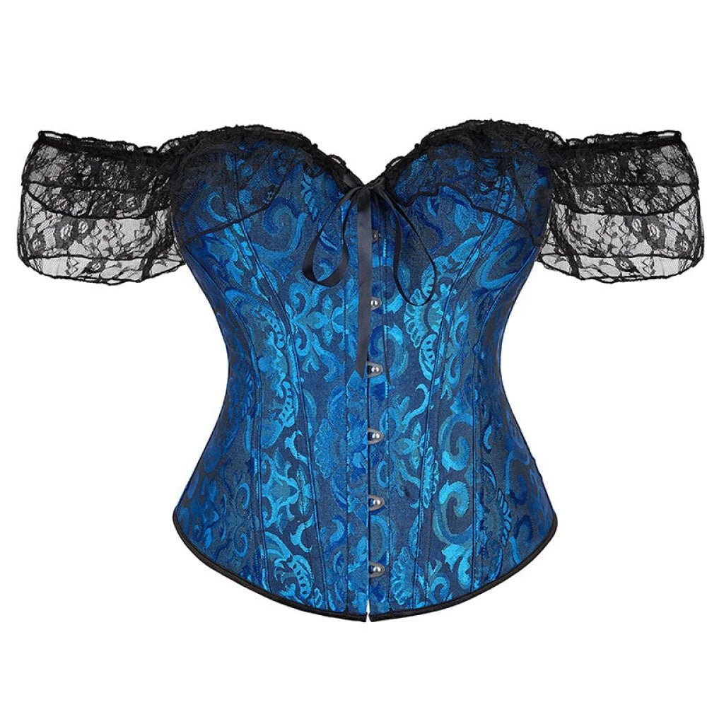 V562-OBBPBBNLONPPPTON-26-202508291946-00 Brown Steampunk Corset With Front Busk Closure Floral Lace And Puff Sleeves - Dark Blue - Xxxl - Image 1
