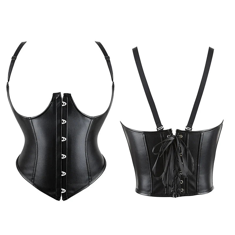 Plus Size Black Leather Corset Waist Trainer Vest With Strap 10 Plastic Bones S-6Xl - 5Xl