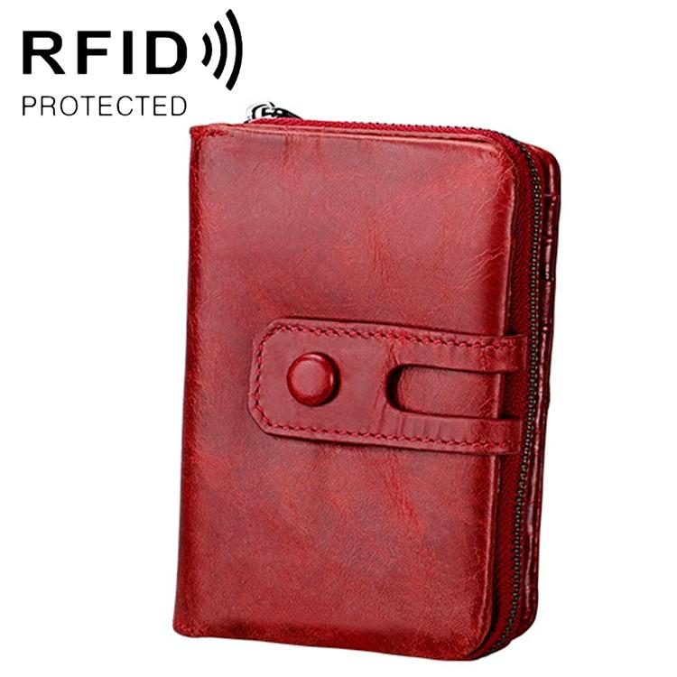 V562-R6766BCC-202508280935-00 Zip Rfid Crazy Horse Leather Wallet - Brown - Red - Image 1
