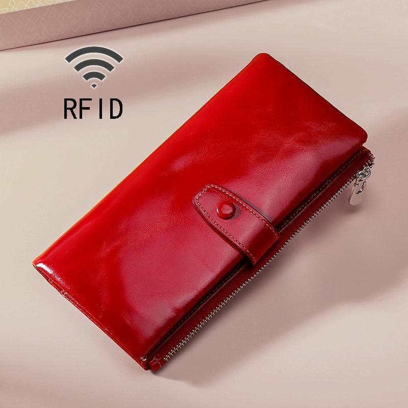 V562-R9810BCC-202508280916-00 Oilskin Leather Rfid Zip Wallet - Brown - Red - Image 1