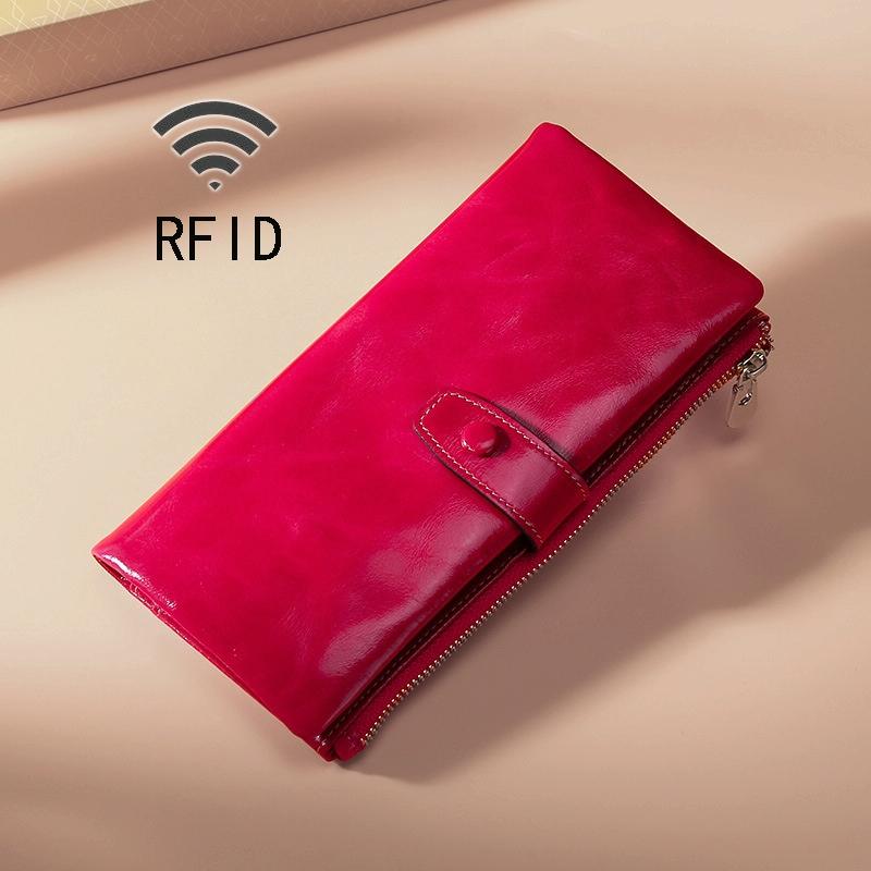 V562-RR9810BCC-202508280915-00 Oilskin Leather Rfid Zip Wallet - Brown - Rose Red - Image 1