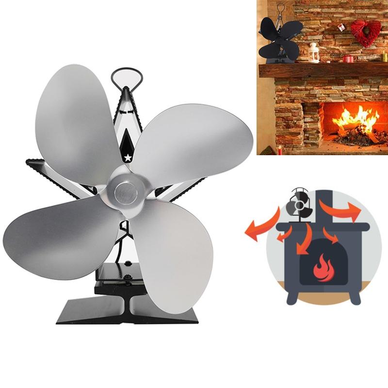 V562-S6082FE-202508281036-00 Efficient 4-blade Heat-powered Stove Fan - Aluminum - Silver - Image 1