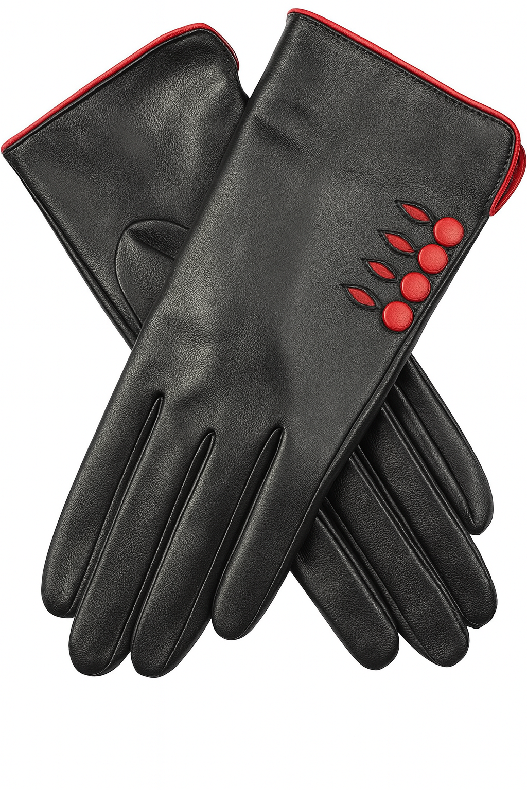 V563-7-6009-BLACK_BERRY-L-202507311025-00 Dents Womens Leather Gloves w/ Button Detail Piped Cuff & Silk Feel Lining - Black/Berry - Large - Image 1
