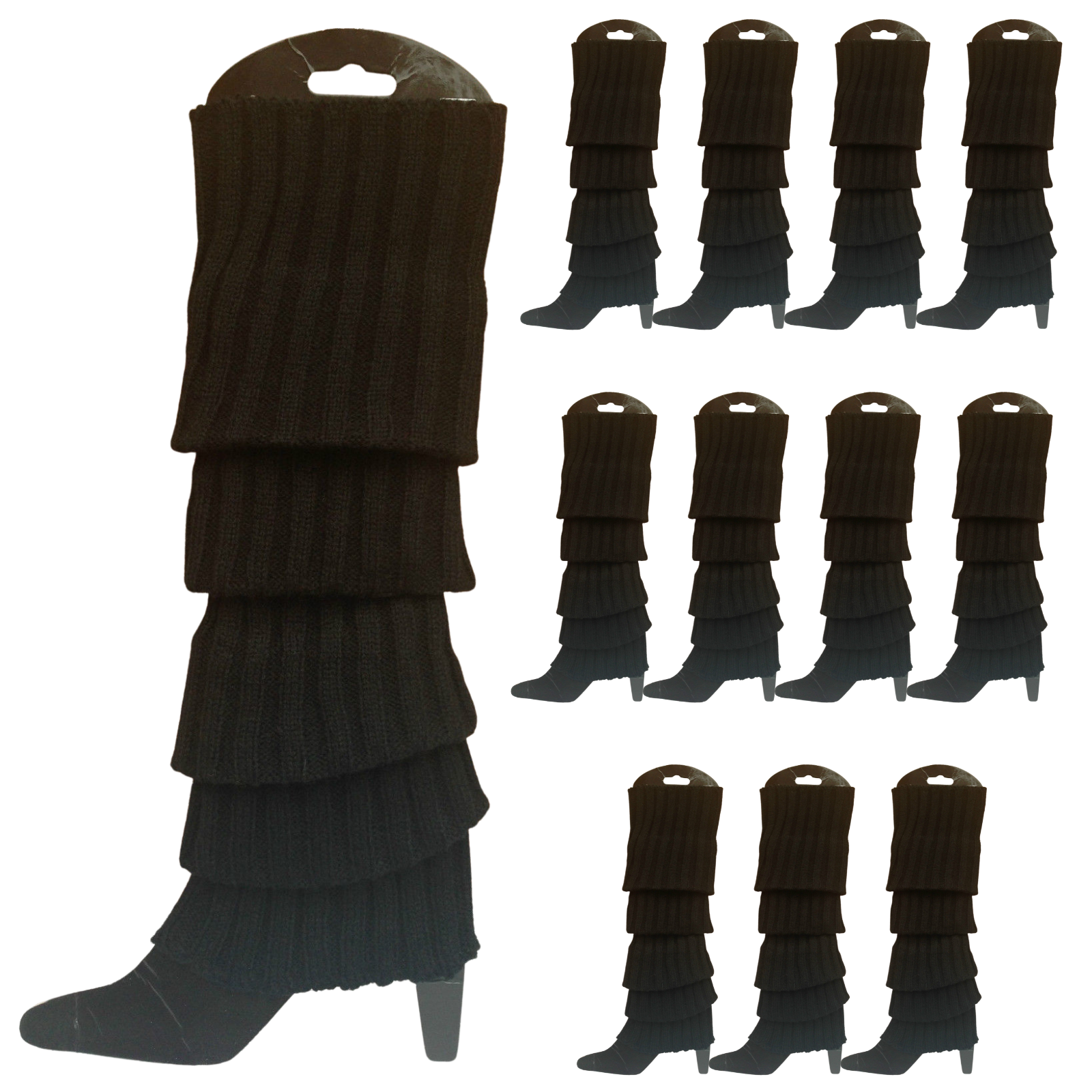 V563-BR-12LEGWARMRS-BLK-202508190835-00 12x LEG WARMERS Knitted Womens Costume Neon Dance Party Knit 80s BULK - Black - Image 1