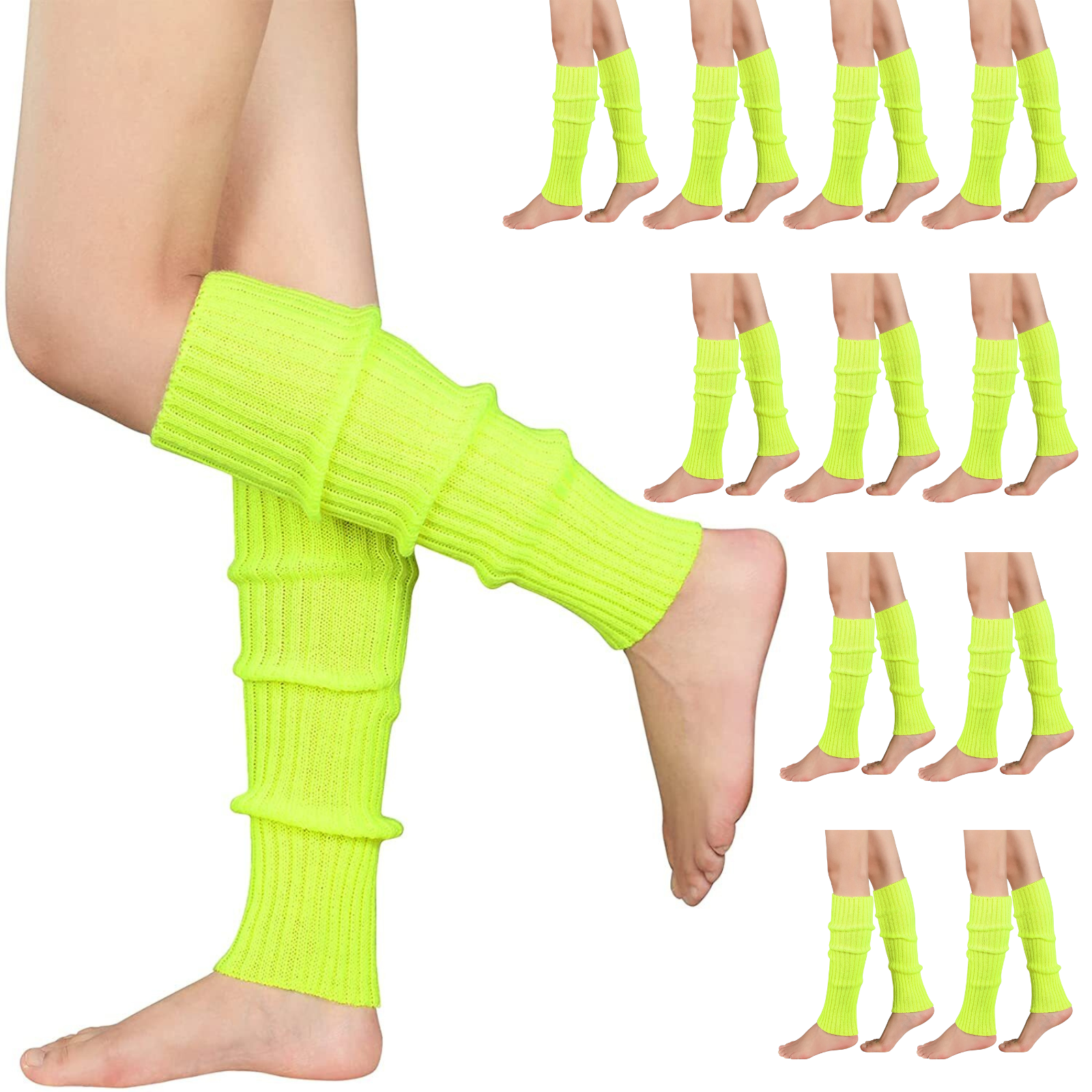 V563-BR-12LEGWARMRS-FLUYLW-202508190835-00 12x LEG WARMERS Knitted Womens Costume Neon Dance Party Knit 80s BULK - Fluro Yellow - Image 1