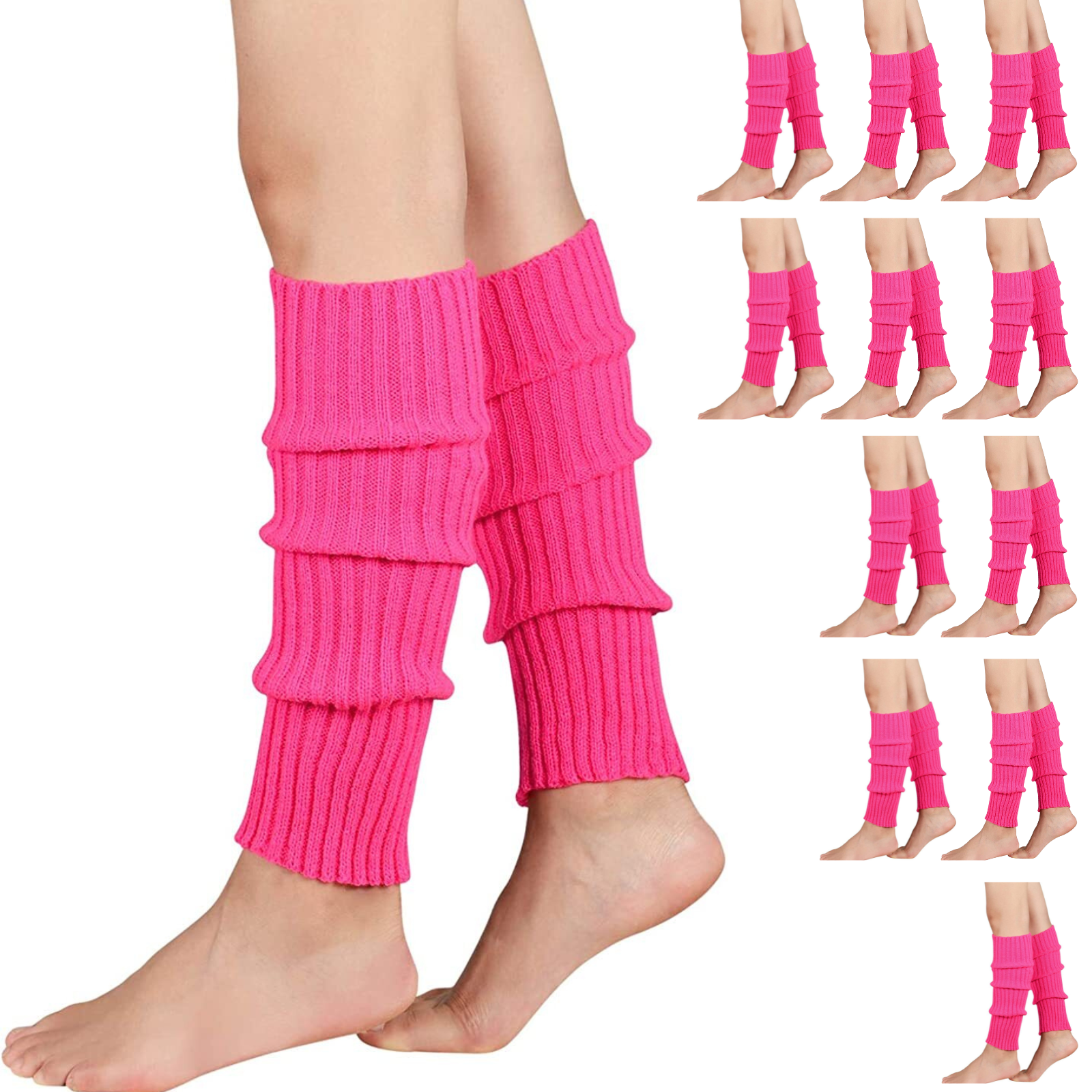V563-BR-12LEGWARMRS-HTPNK-202508190835-00 12x LEG WARMERS Knitted Womens Costume Neon Dance Party Knit 80s BULK - Hot Pink - Image 1