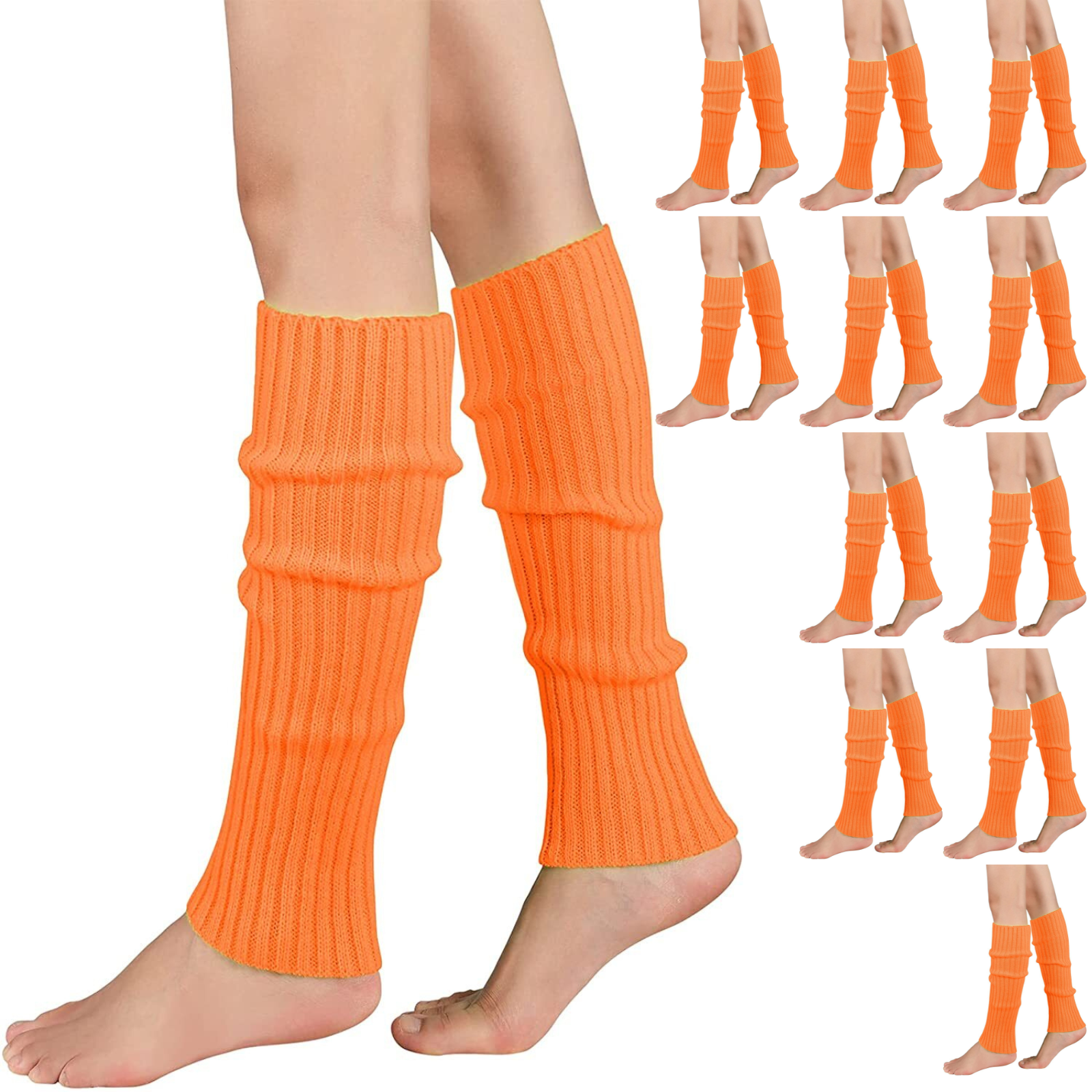 V563-BR-12LEGWARMRS-ORNG-202508190835-00 12x LEG WARMERS Knitted Womens Costume Neon Dance Party Knit 80s BULK - Orange - Image 1