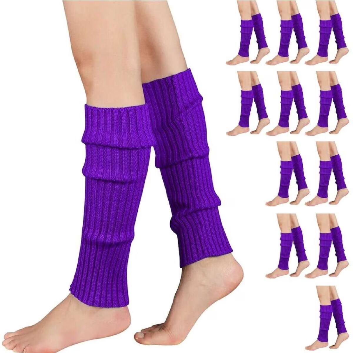 V563-BR-12LEGWARMRS-PUR-202508190835-00 12x LEG WARMERS Knitted Womens Costume Neon Dance Party Knit 80s BULK - Purple - Image 1