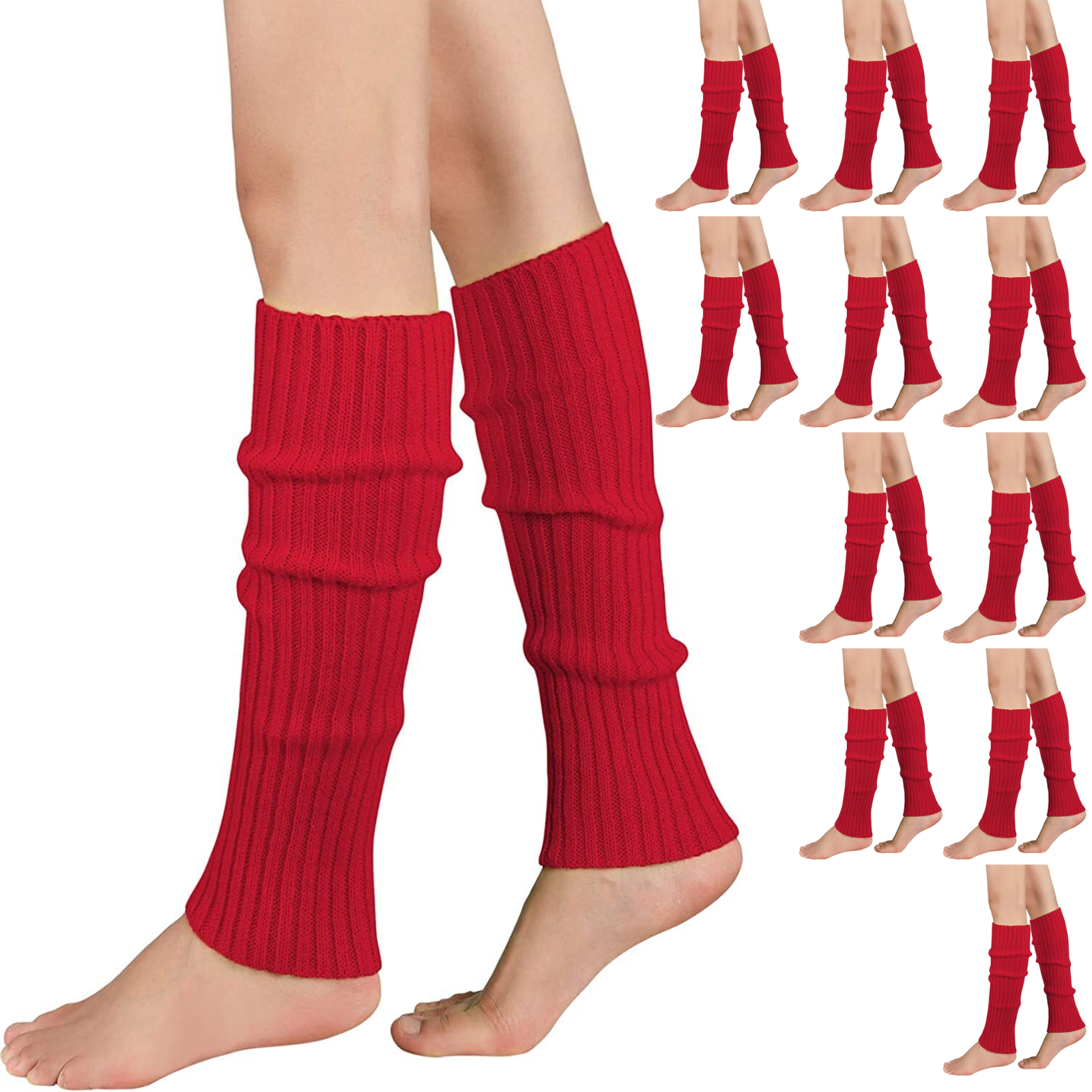 V563-BR-12LEGWARMRS-RED-202508190840-00 12x LEG WARMERS Knitted Womens Costume Neon Dance Party Knit 80s BULK - Red - Image 1
