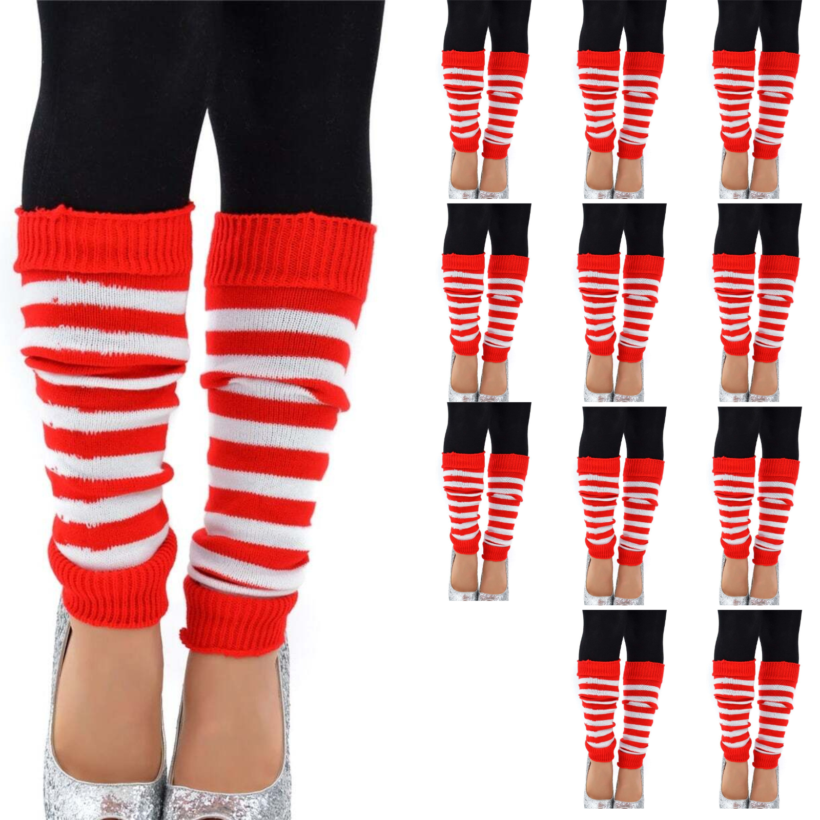 V563-BR-12LEGWARMRS-REDWHTTSTR-202508190840-00 12x LEG WARMERS Knitted Womens Costume Neon Dance Party Knit 80s BULK - Red/White Stripe - Image 1