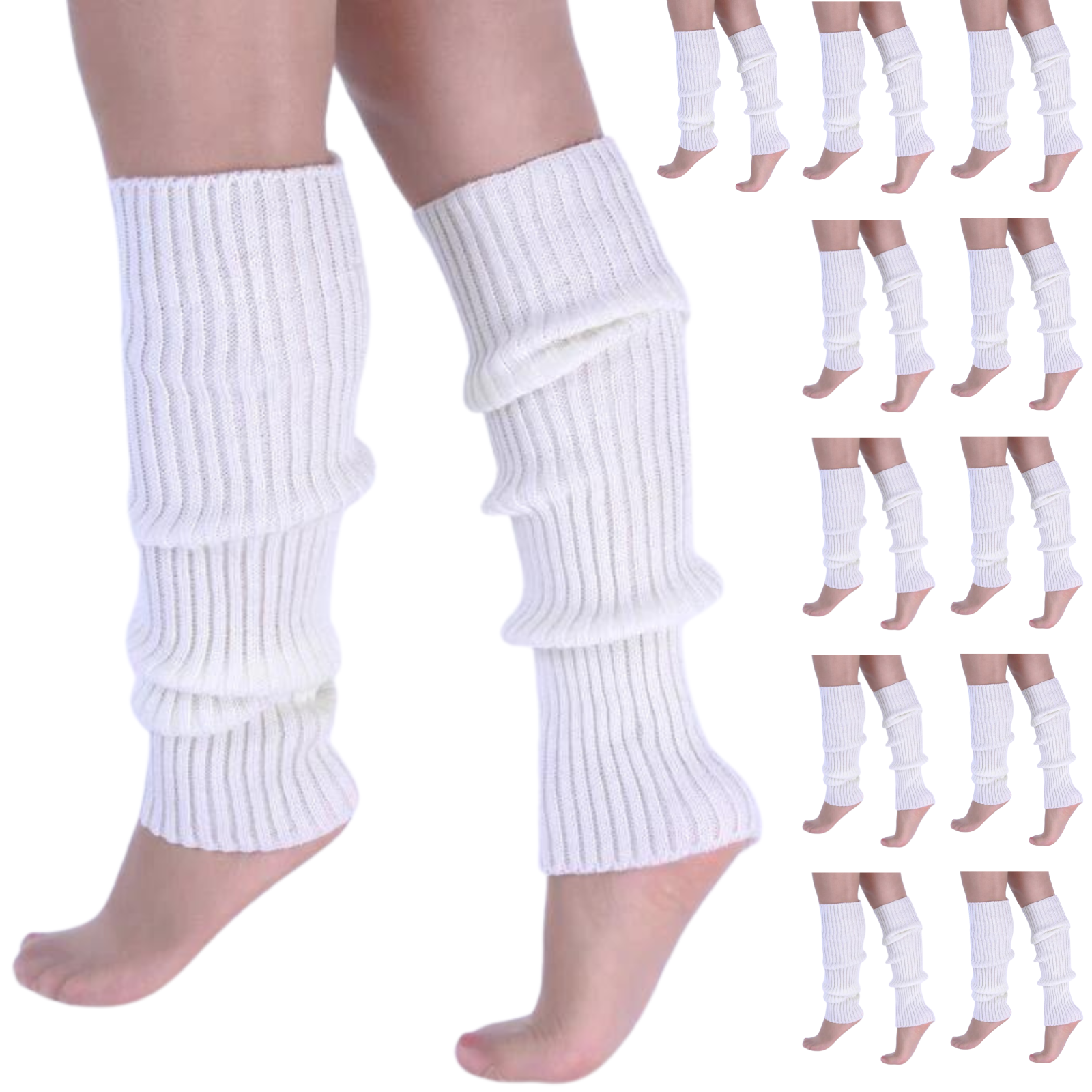 V563-BR-12LEGWARMRS-WHT-202508190840-00 12x LEG WARMERS Knitted Womens Costume Neon Dance Party Knit 80s BULK - White - Image 1