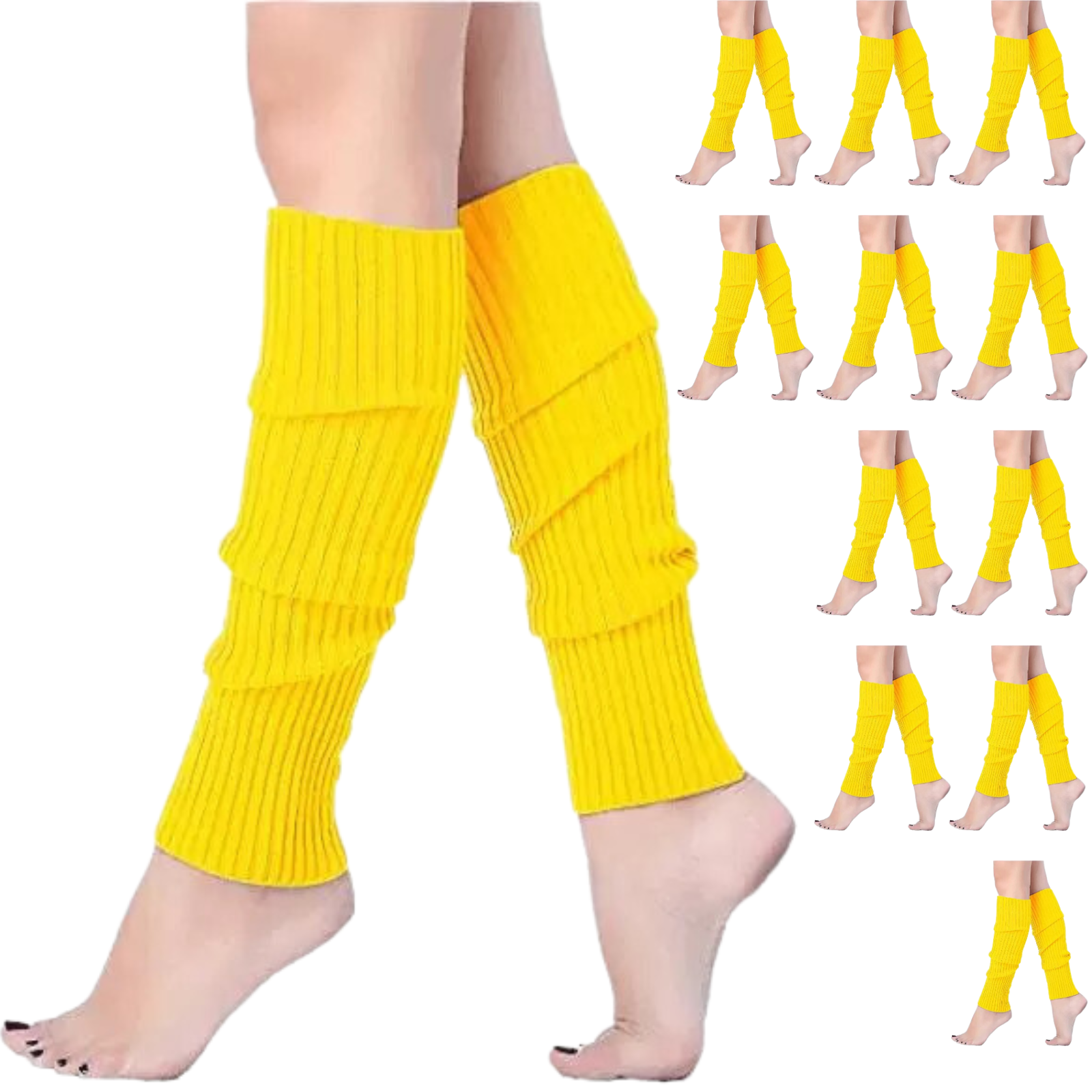 V563-BR-12LEGWARMRS-YLW-202508190840-00 12x LEG WARMERS Knitted Womens Costume Neon Dance Party Knit 80s BULK - Yellow - Image 1