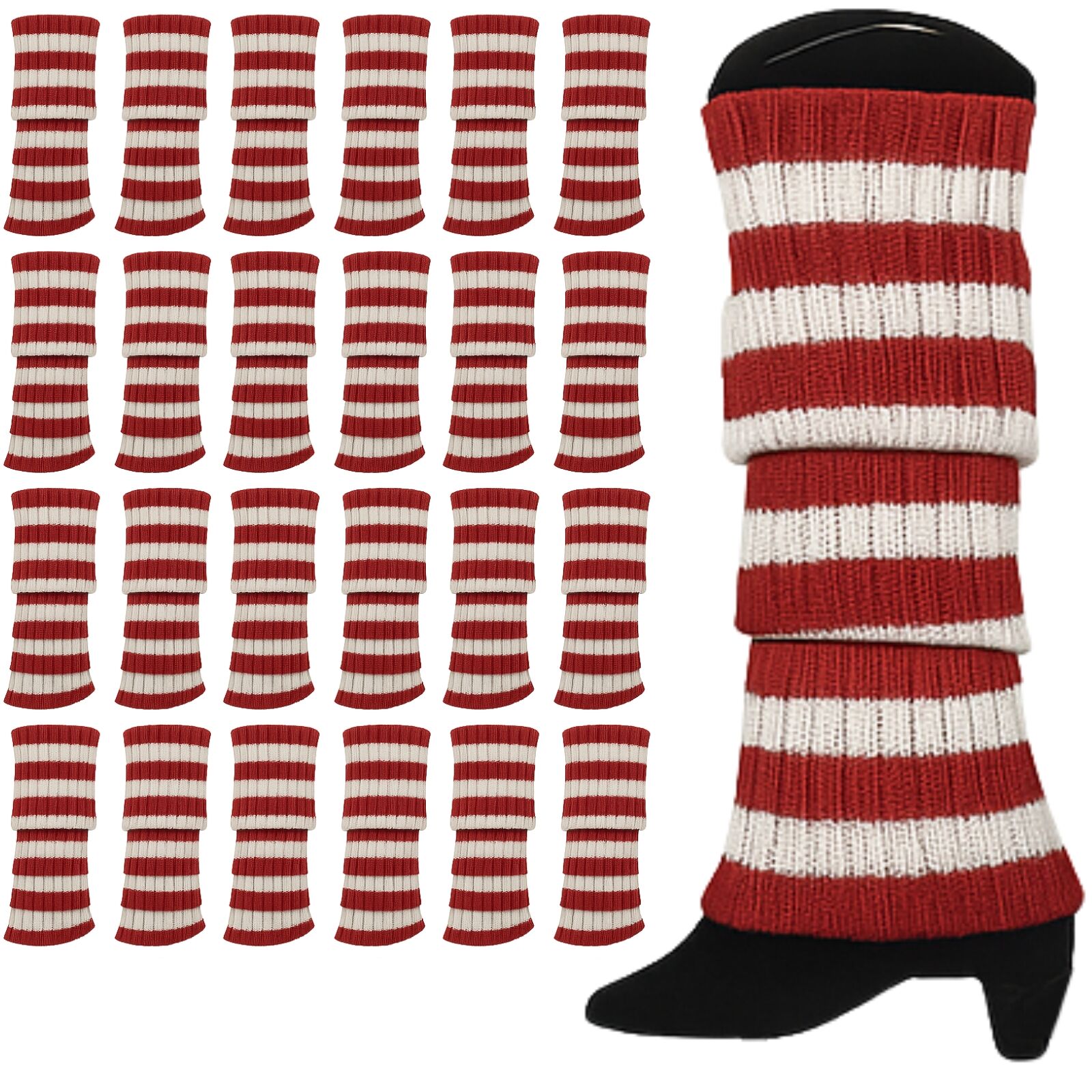 V563-BR-24LEGWARMS-REDWHTSTR-202508190845-00 24x Womens Leg Warmers Disco Winter Knit Dance Party Crochet Legging Socks Costume - Red/White Stripe - Image 1
