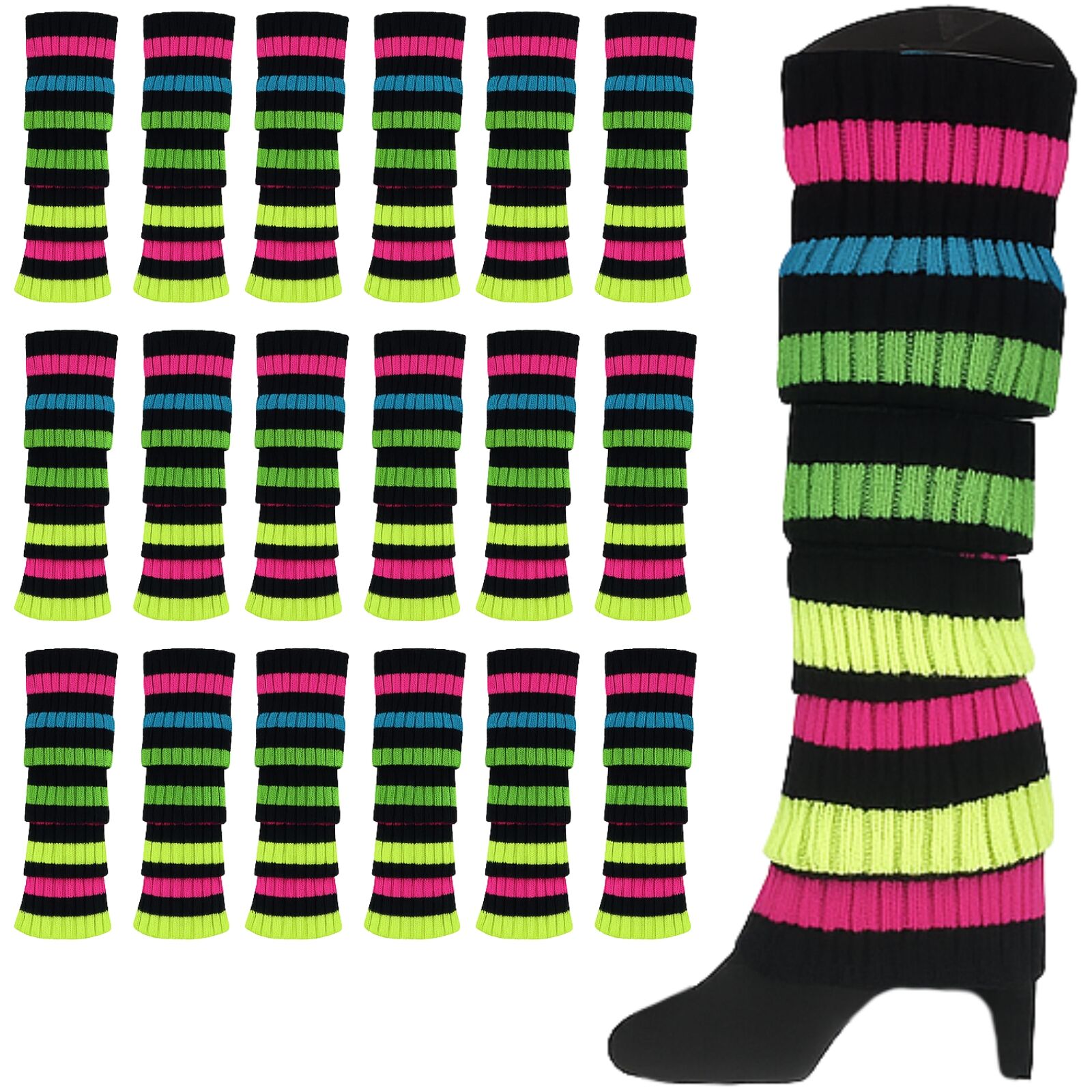 V563-BR-24LEGWARMS-RNBWBLK-202508190845-00 24x Womens Leg Warmers Disco Winter Knit Dance Party Crochet Legging Socks Costume - Rainbow with Black Stripe - Image 1