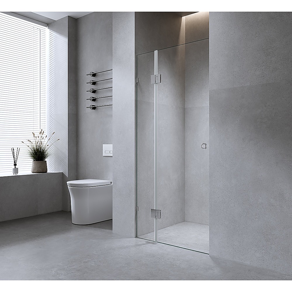 V63-938291-202507050020-00 100cm Wall to Wall Frameless Shower Screen with White Brackets and Brass Hinges - Wall & Floor F Bracket - Image 1