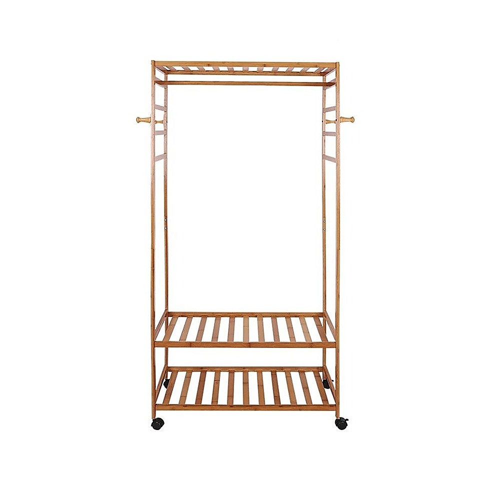 V63-952891-202509221031-00 Wooden Clothes Rail with Shelves & Wheels – Open Wardrobe Rack Stand - Image 1