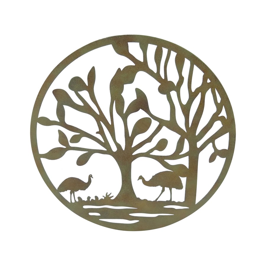 V637-01536EMU-202508251410-00 Lasercut Round Emu Family Metal Wall Art 60cm - Image 1