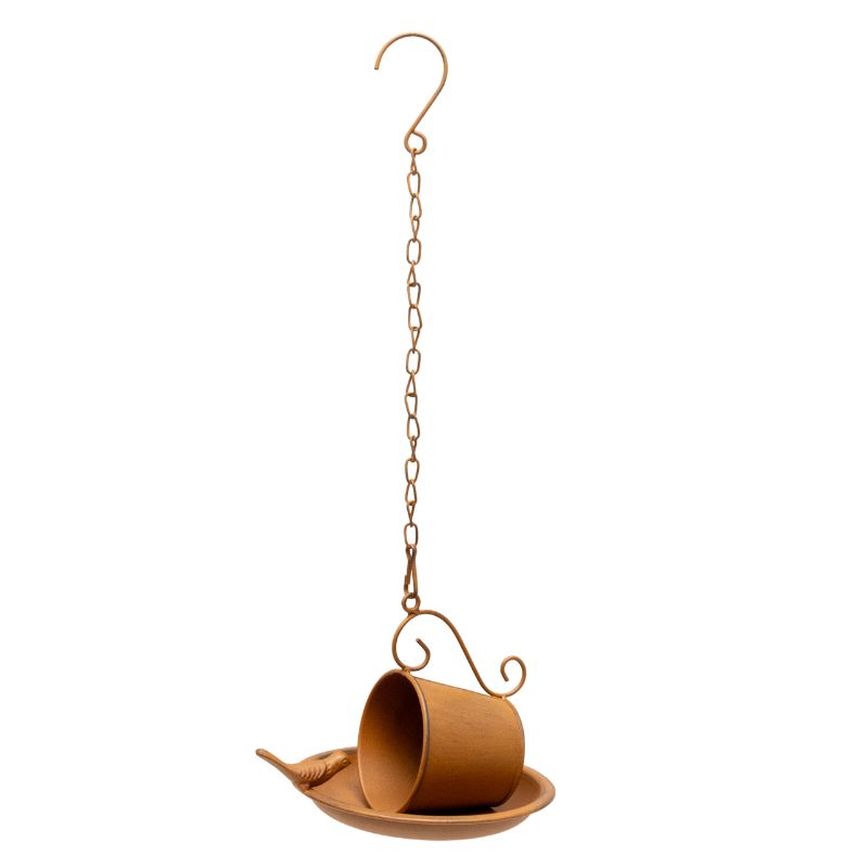 V637-27618BRD-202508251345-00 Rust-Look Hanging Cup + Saucer Birdfeeder 45cm - Image 1