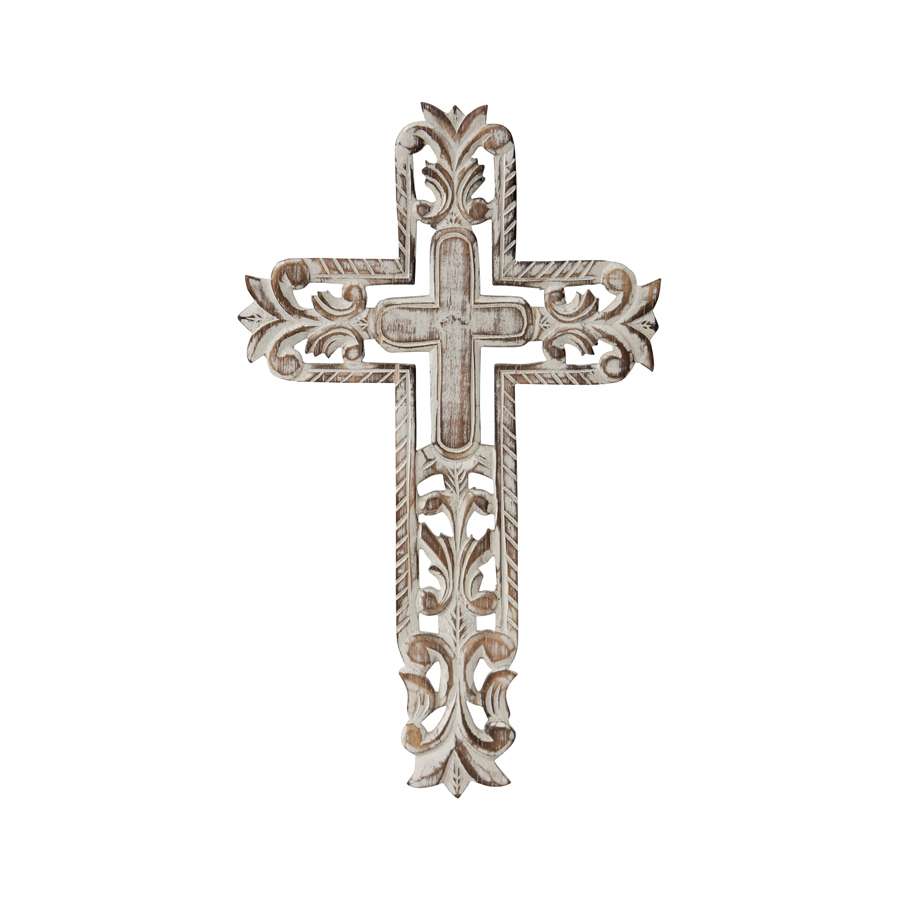 V637-33737CRS-202508251405-00 Hand-Carved Cross W Fleur-De-Lis Wall Art 25x40cm - Image 1