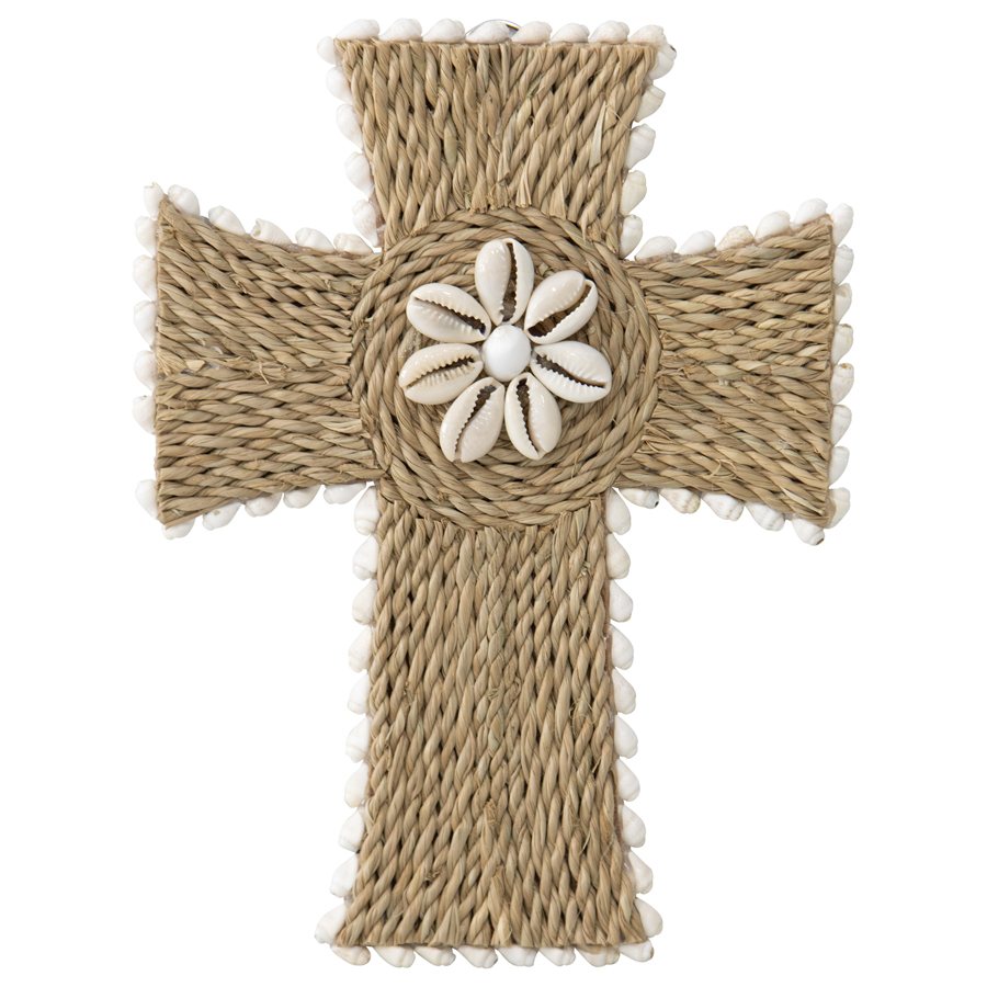 V637-33796CRS-202508251420-00 Handcrafted Shell & Broad Weave Wall Hanging Cross 32x23cm - Image 1