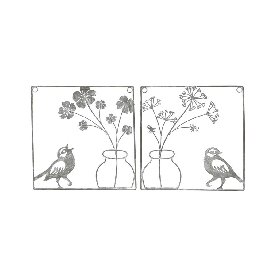 V637-52392WAL-202508251340-00 Set 2 Asst Wire Bird w Flower Vase Wall Art 20cm - Image 1