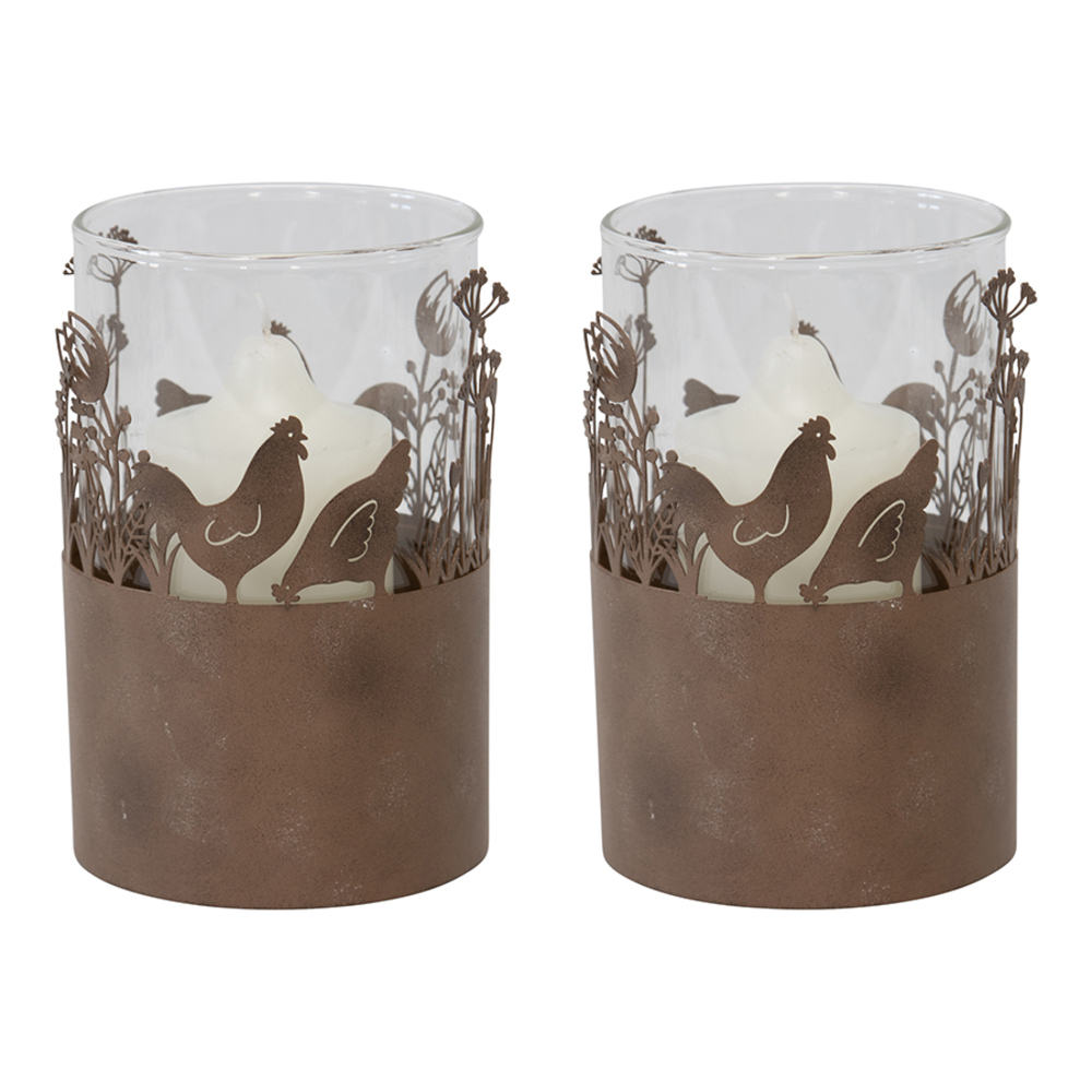 V637-52417CHK-202508251710-00 Set 2 Glass Pillar Candle holders in Stilted Rust Base w Chooks 17cm - Image 1
