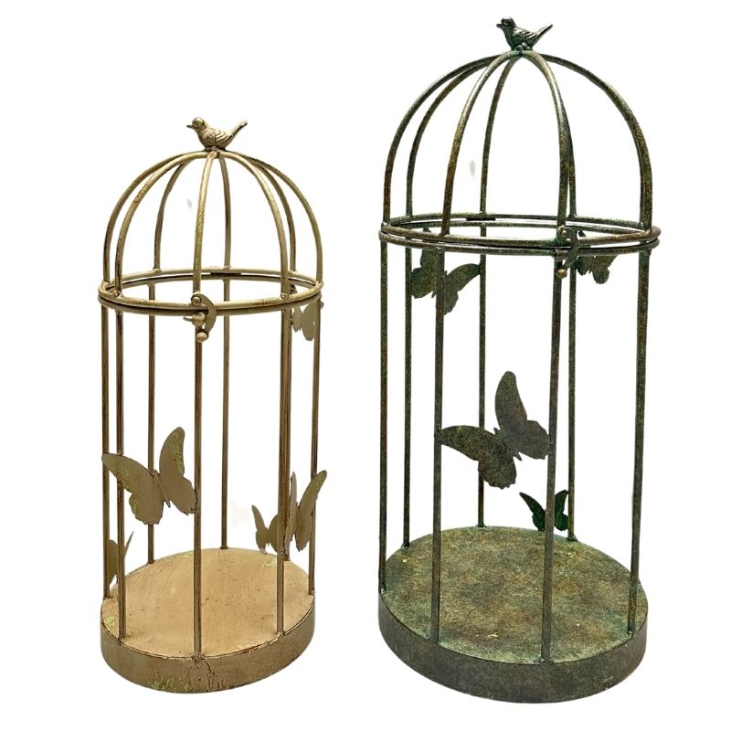 V637-74136CGE-202508251606-00 Set 2 Nested Distressed Finish Plant Cages w Butterflies 79cm, 69cm - Image 1