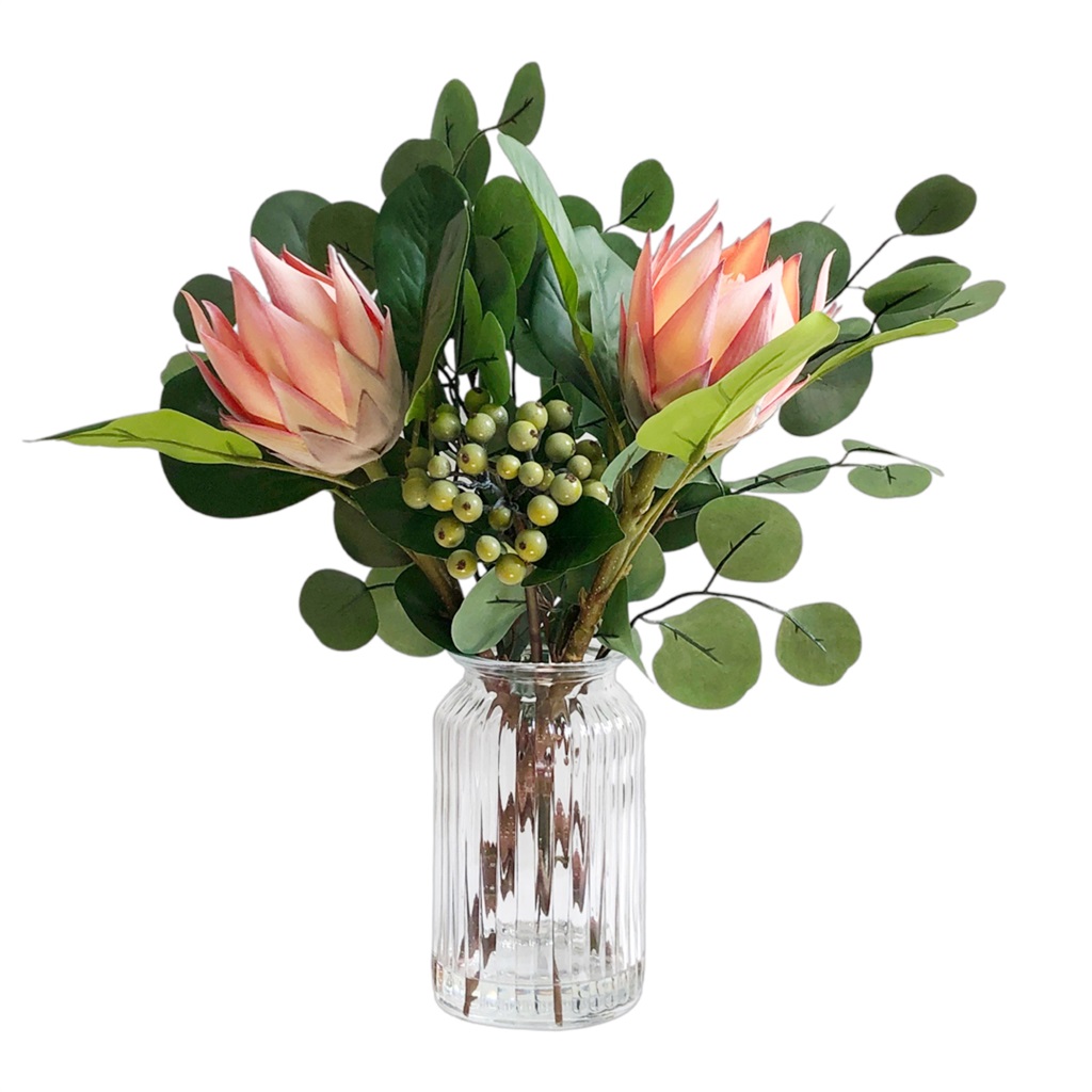 V637-AFL32317-202508251625-00 Artificial Protea in Glass Vase 46cm - Image 1