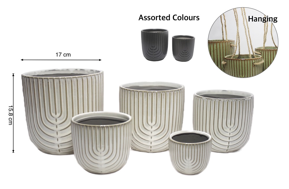 V637-CVA30986-202508251945-00 bulk 6 Ripple Ceramic Planter w Hanging Rope Assort 17cm - Image 1