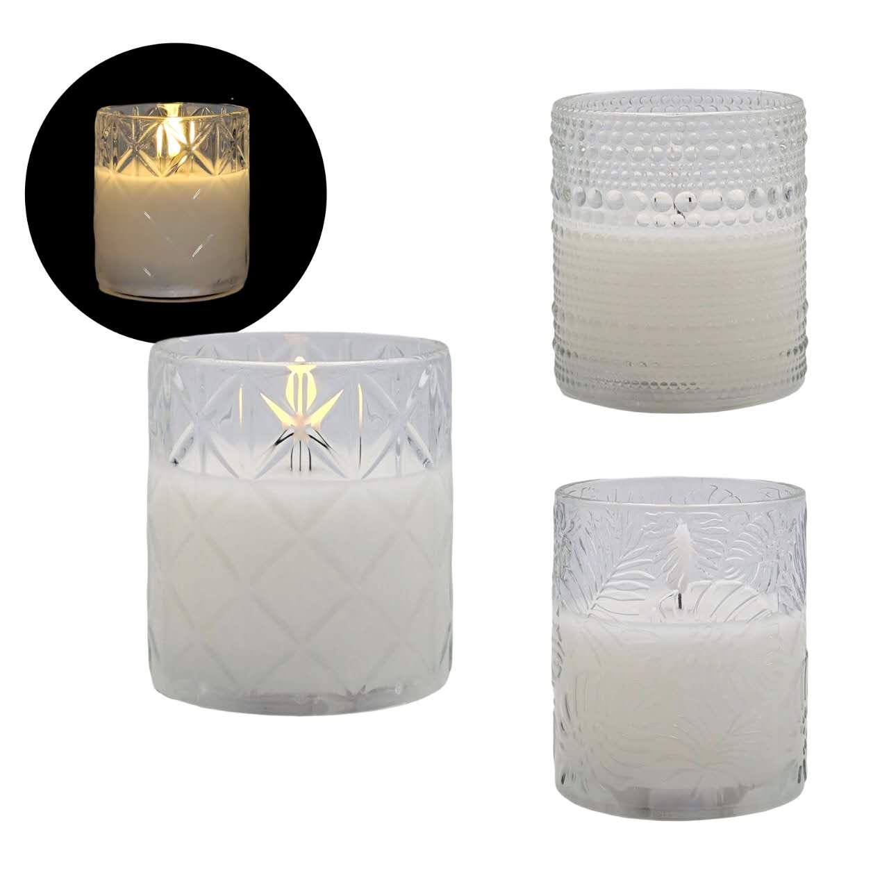 V637-GCH37470-202508252025-00 bulk 12 Patterned Glass Jar Led Candle Assort 10cm - Image 1