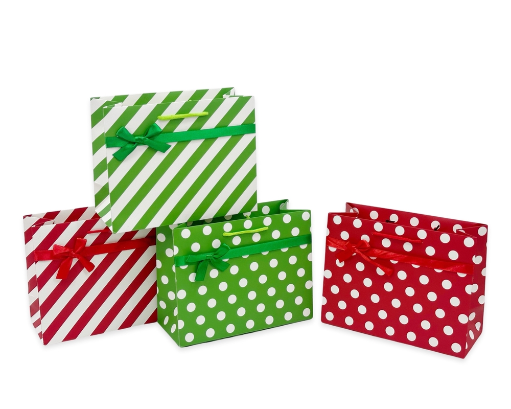 V637-WRP34135-202508260745-00 bulk 48 Large Red & Green Dots Stripes Gift Bag Assorted 32cm - Image 1