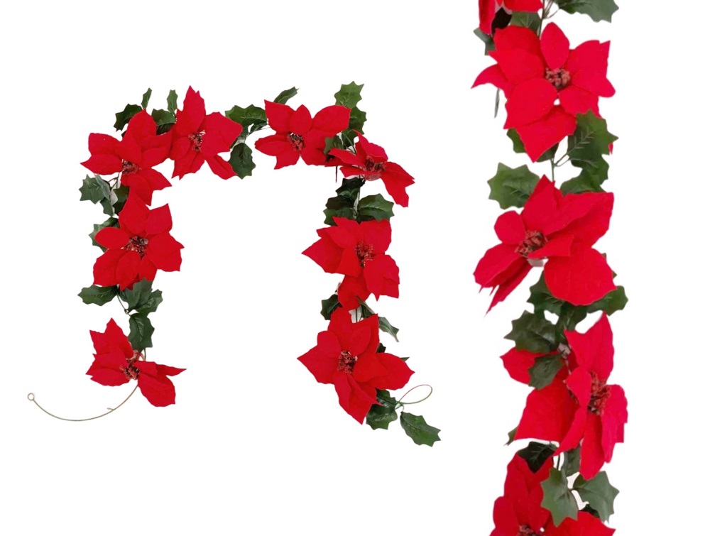 V637-XMS31087-202508260825-00 bulk 12 Xmas Red Poinsettia Garland 190cm - Image 1