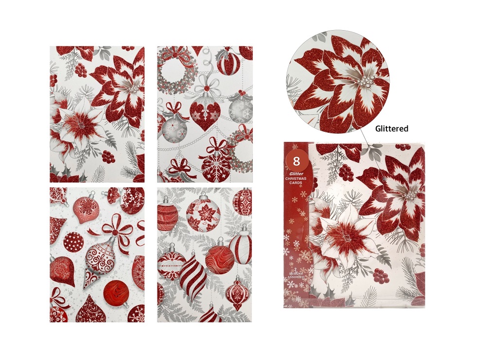V637-XMS31410-202508260830-00 bulk 384 Red Glitter Bauble Xmas Christmas Cards 4 Assort - Image 1