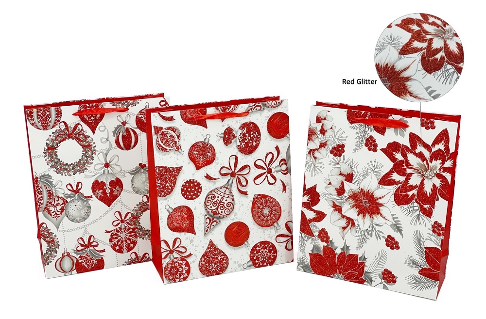 V637-XMS31436-202508260830-00 bulk 48 Large Glitter Bauble Xmas Gift Bag 210Gsm Assort Present 32cm - Image 1