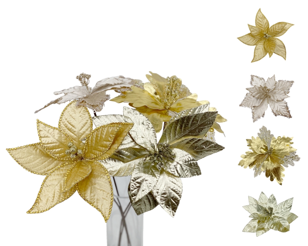 V637-XMS33138-202508260835-00 bulk 24 Xmas Glam Poinsettia Stem Flower Assort 60cm - Image 1