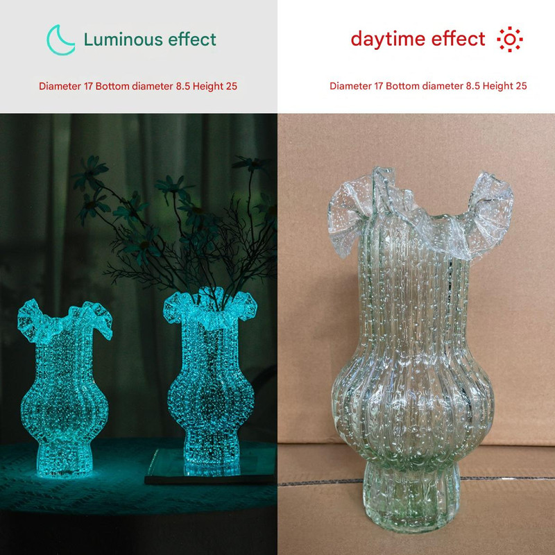 V888-ELOSUNG32842-202507071010-00 Green Elegant Glow-in-the-Dark Glass Vase - Vintage-Style Ruffled & Ribbed Centrepiece - Image 1