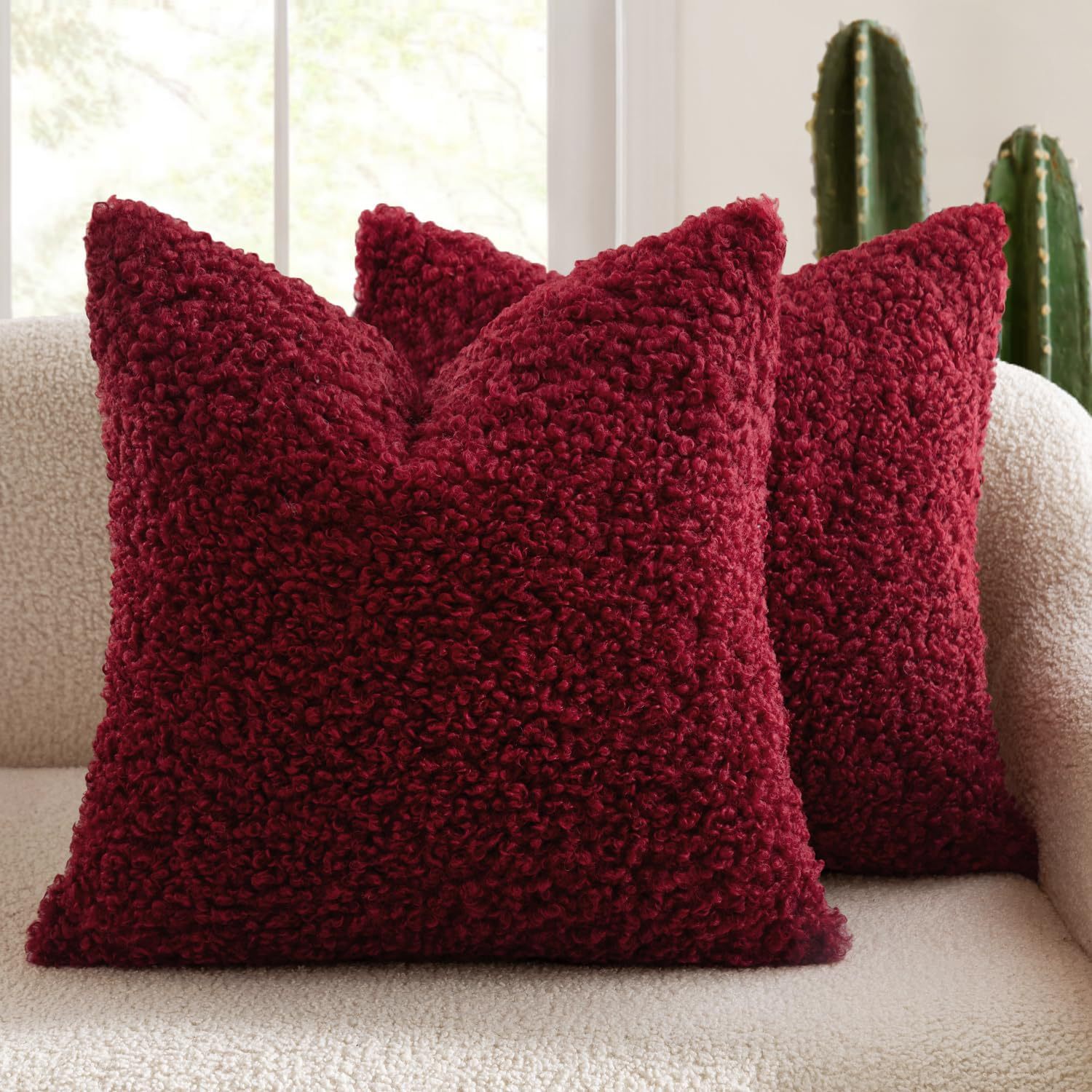 V888-ELOSUNG32856-202507071011-00 2 Pcs Red Cozy Teddy Boucle Cushion Cover - Plush Decorative Square Pillow Case for Sofa & Bed - Image 1