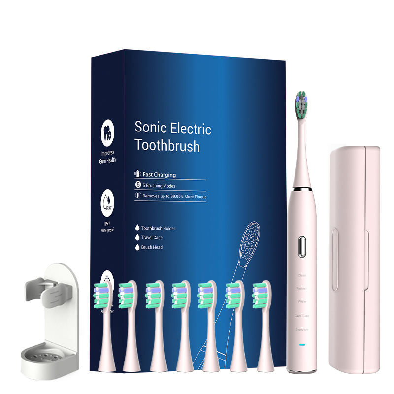 V888-ELOSUNG32948-202507151035-00 Pink Sonic Rechargeable Electric Toothbrush with 8 Heads & Travel Case - 5 Brushing Modes & Smart Timer(USB) - Image 1