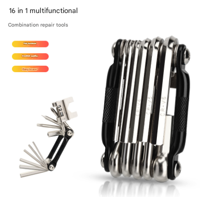 V888-ELOSUNG32978-202507180935-00 Black and Silver 16 in 1 Bicycle Repair Multi Tool - Compact Folding Bike Tool Kit with Chain Breaker for MTB Road Cycling - Image 1