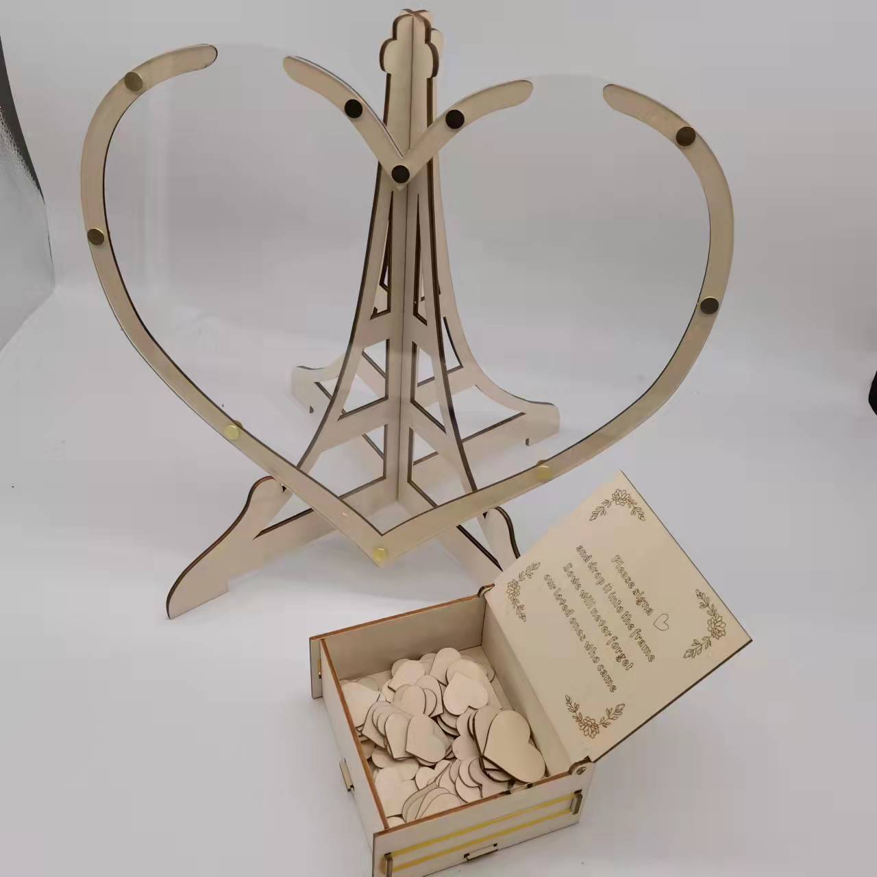 V888-ELOSUNG33700-202507110952-00 Rustic Wooden Heart Drop Box Guest Book - Eiffel Tower Frame for Wedding Signatures - Image 1