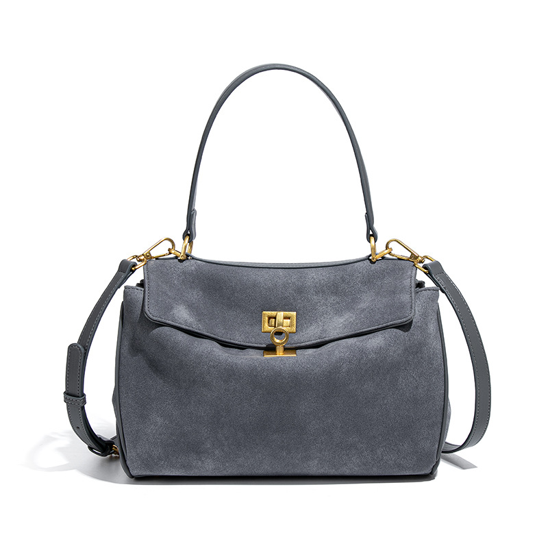 V888-ELOSUNG33779-202508141920-00 Grey Women's Vintage Suede Satchel Bag - Elegant Top Handle Purse with Gold Lock - Image 1