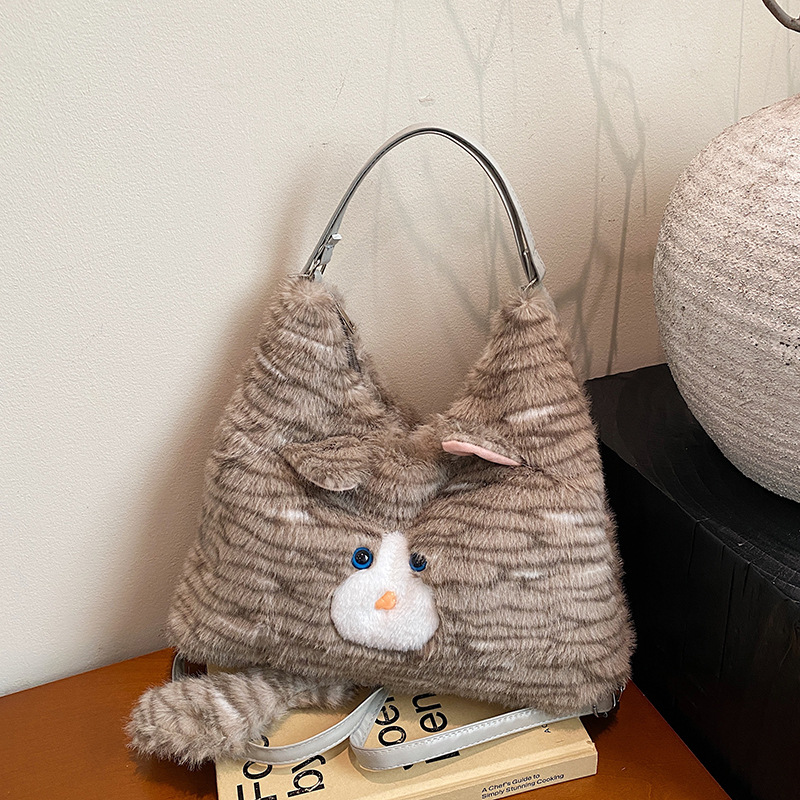 V888-ELOSUNG33852-202509041432-00 Grey Adorable Fluffy Cat Shoulder Bag - Cute Plush Kitten Novelty Handbag for Girls & Women - Image 1